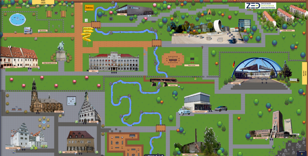 Grafik: Screenshot der im Online-Tool gather.town (© 2020-2021 Gather Presence Inc.) erstellten virtuellen Stadt Zwickau