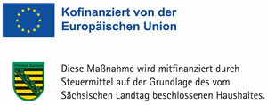 EU-Logo: Europaflagge mit dem Hinweis: Die Maßnahme ist kofinanziert von der Europäischen Union. Sachsenwappen mit dem Hinweis: Die Maßnahmen wird mitfinanziert durch Steuermittel auf der Grundlage des vom Sächsischen Landtag beschlossenen Haushaltes.