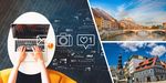 Foto dreigeteilt: Laptop von oben mit Grafikelementen aus dem Bereich Medien, daneben Panoramen der Städte Grenoble und Zwickau