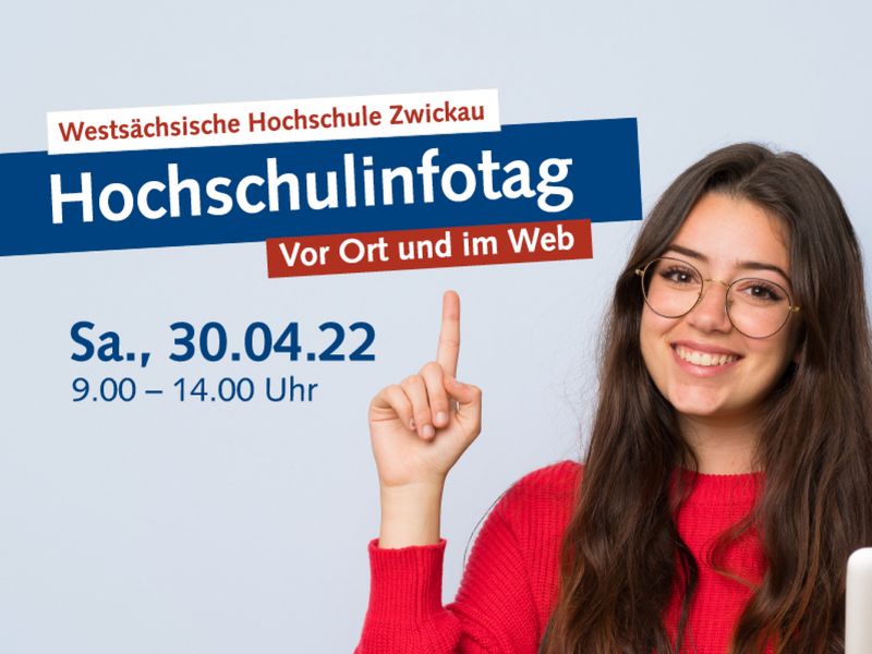 Junge Frau im roten Pulli zeigt mit dem Zeigefinger auf den Schriftzug Hochschulinfotag.