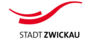 Schwarzer Schriftzug Stadt Zwickau, rote Wellen darüber