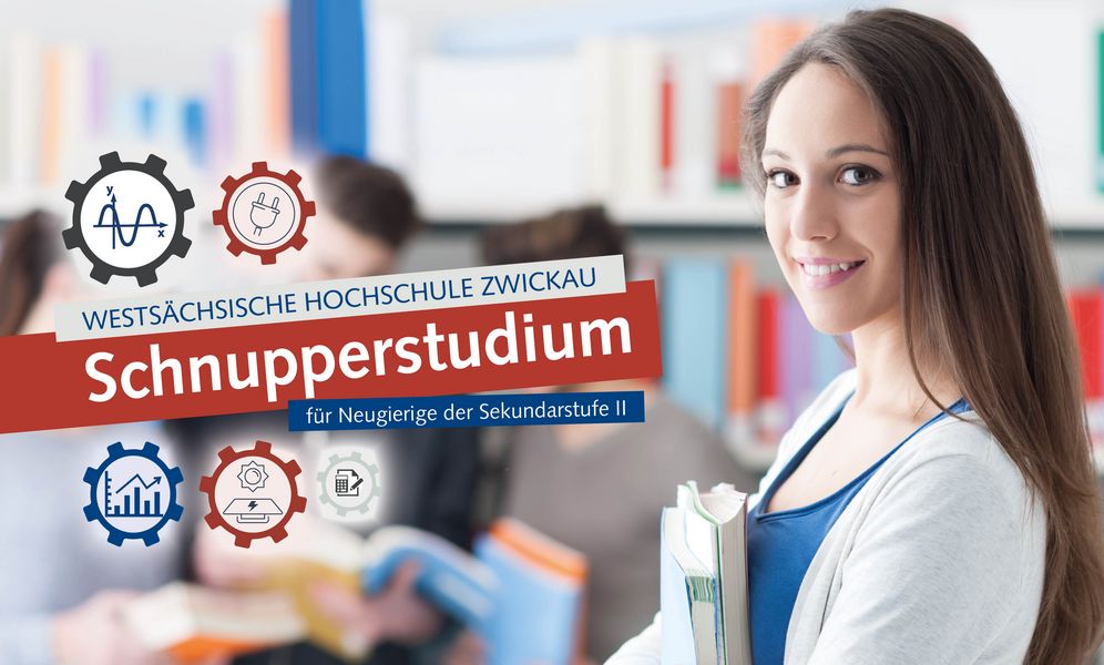 Foto: Auf der rechten Seite steht ein Mädchen mit Büchern im Arm. Links und in der Mitte des Fotos steht Schnupperstudium.