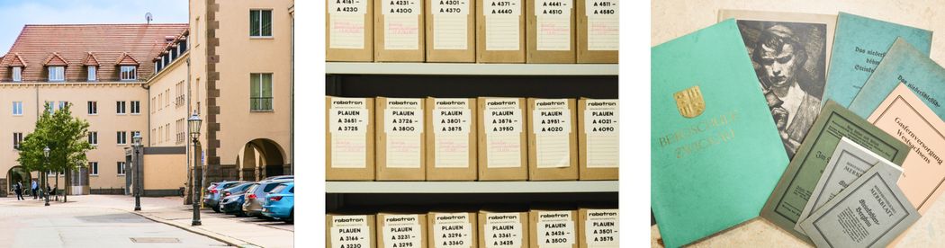 Fotomontage: Gebäudefassade WHZ, Kartonagen mit Archivgut, Archivgut