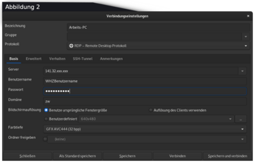 Screenshot: Anleitung. Im Bild ist die Konfiguration von Remote Desktop Linux zu sehen.