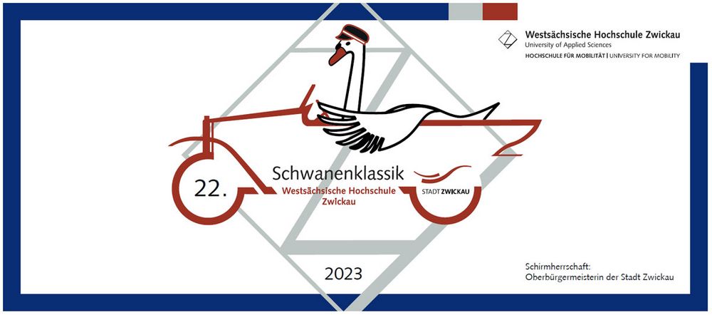 zu sehen ist das Logo der Schwanenklassik, ein skizzierter Schwan, der in einem Oldtimer sitzt vor dem WHZ-Logo