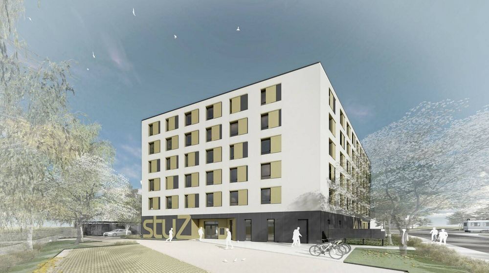 Illustration des neuen Wohnheims, modernes Gebäude, Kubusform, 5 Geschosse
