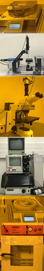Fotoreihe: Hochkant. Fünf Bilder mit Geräten. Hotplate, Kontaktwinkelmesser, Lichtmikroskop, Profilometer, Spin Coater und Vakuumofen.