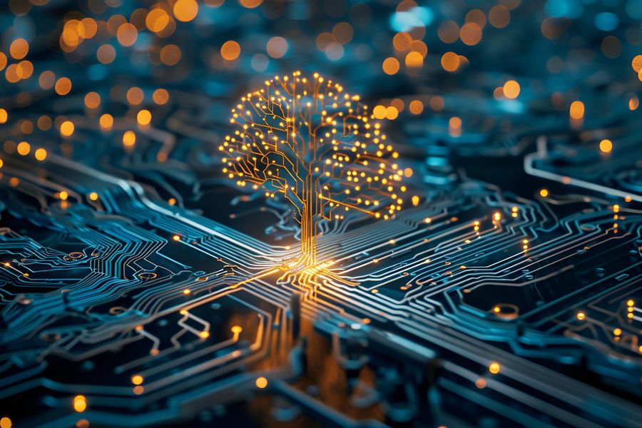 Foto: Neonleuchtender Baum auf einer Leiterplatte, der aus elektronischen Schaltkreisen wächst. (Quelle: Adobestock/Лариса Люндовская KI generiert)