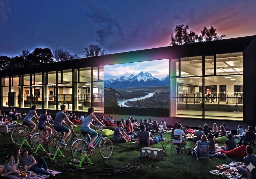 BEsucher sitzen vor einer Leinwand und schauen einen Film. Der Strom wird mit Fahrradgeneratoren erzeugt. 