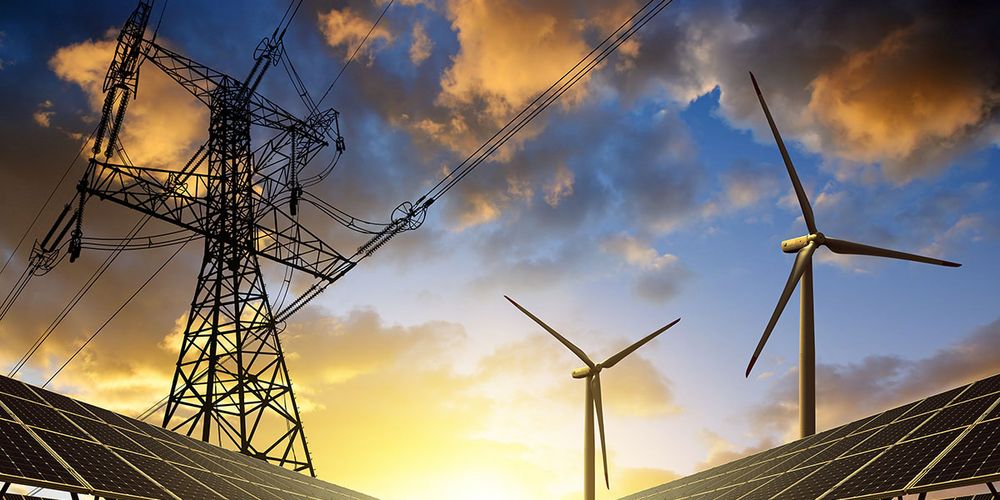 Image: Solar panels with wind turbines and electricity pylons at sunset. Clean energy concept. source: vencav/adobestock