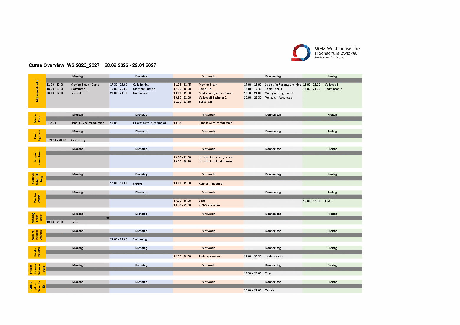 Kursplan Wintersemester englisch