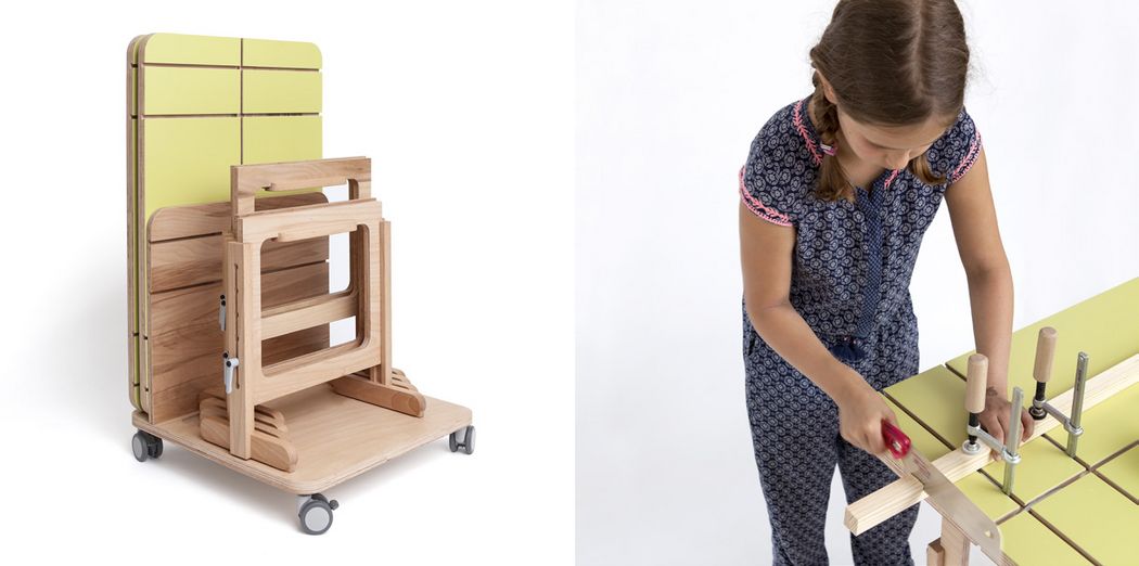 Foto: Master-Abschlussarbeit "Die Maker der Zukunft – Mobile Gestaltungsräume für Kinder" von Andreas Mikutta, 2019, Arbeitstisch auf Rollen nicht aufgeklappt (links) und in Benutzung (rechts)