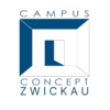 Logo: blauer Quader mit Tür in Mitte, Schrift: Campus Concept Zwickau