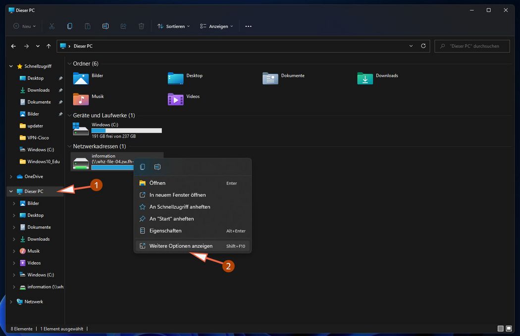 Bild welches das Trennen eines Netzlaufwerk in Windows 11 zeigt