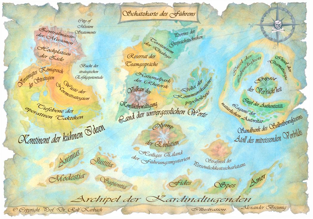 Foto: Schatzkarte des Führens. Beschriftetes Bild mit verschiedenen Inseln und Beschriftungen.