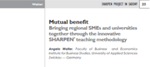 Foto: Screenshot einer Überschrift. Mutual benefit. Bringing regional SMEs and universities together through the innovative SHARPEN teaching methodology.