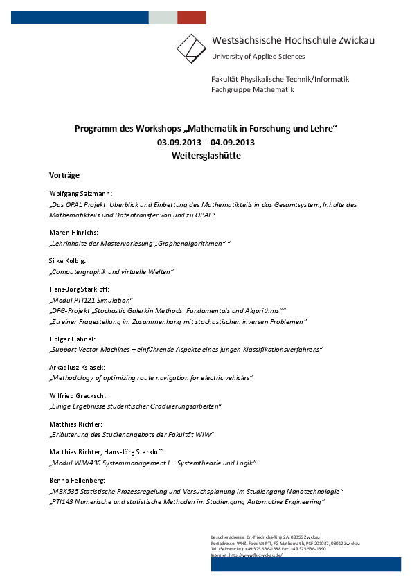 PDF: Programm des Workshops „Mathematik in Forschung und Lehre“ 2013.