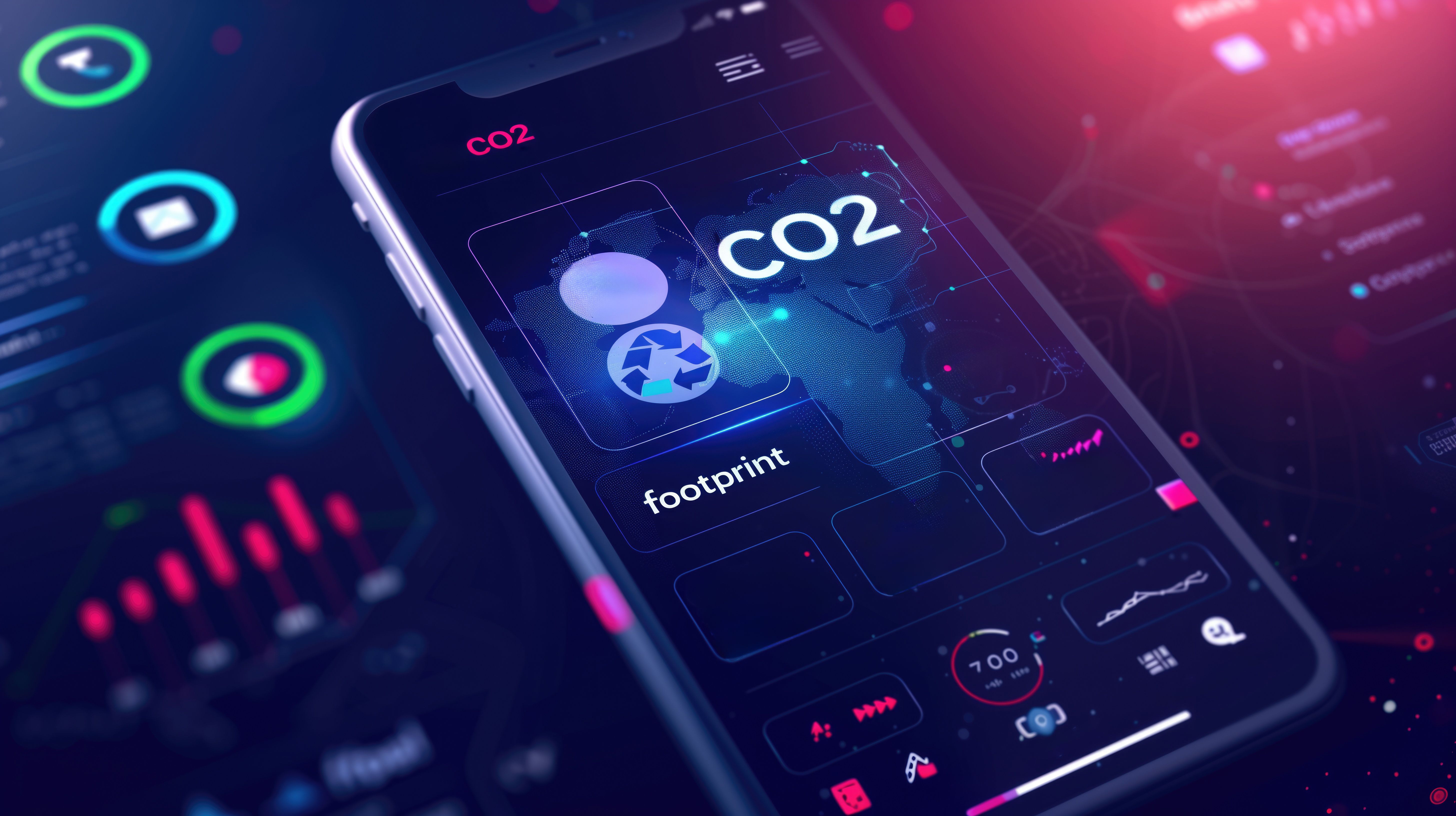 Smartphone displaying CO2 footprint tracking app with data analytics and world map visualizations. Environmental impact monitoring, carbon footprint reduction, sustainability