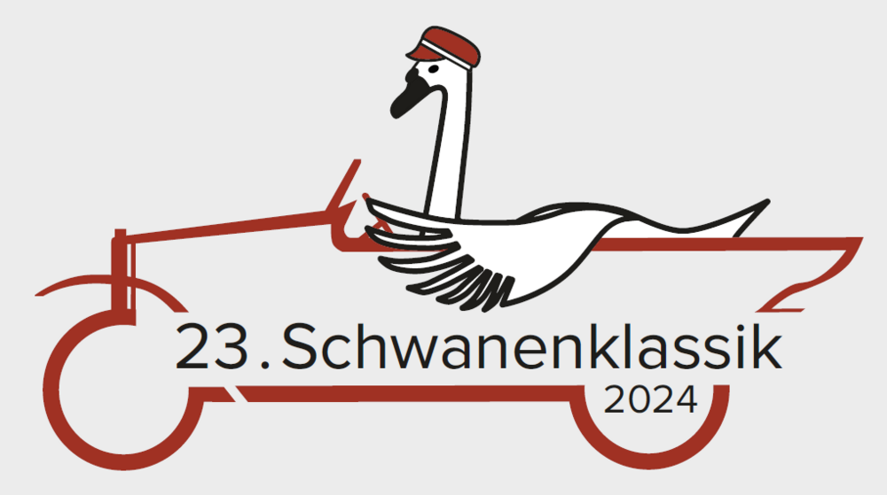zu sehen ist das Logo der Schwanenklassik, ein skizzierter Schwan, der in einem Oldtimer sitzt
