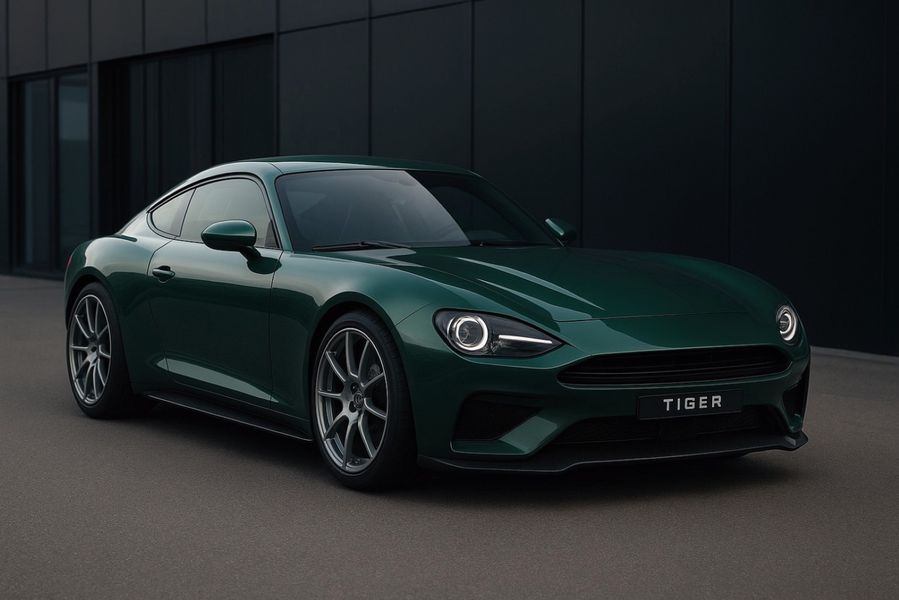 Ein realistisches Bild von Auto in dunkelgrüner Farbe vo einem grauen Gebäude. 