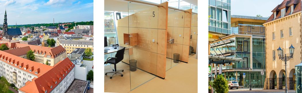 Fotomontage: Drohnenansicht Campus Ring, Arbeitsplätze in der Bibliothek, Außenfassade Hauptbibliothek 