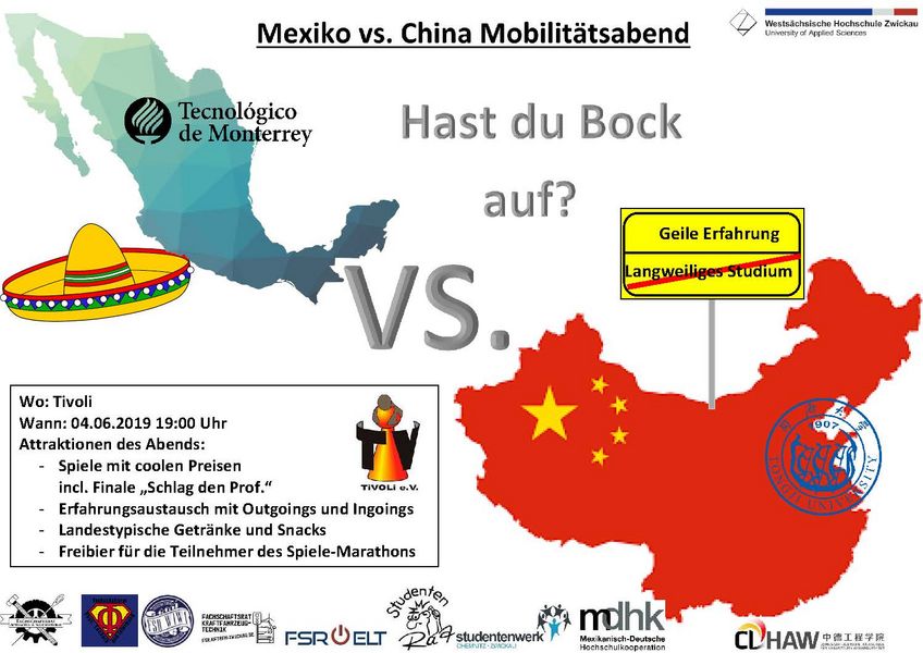 Flyer: Einladung. Mexiko vs. China Mobilitätsabend.