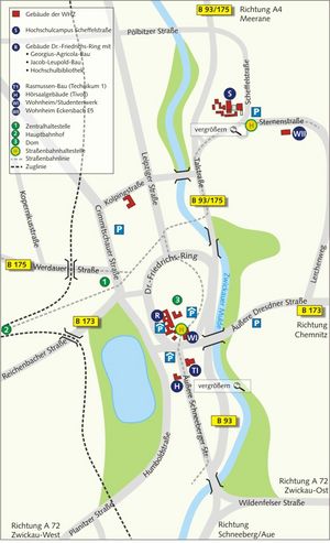 Illustration: Straßenkarte von Zwickau mit abgebildeten Standorten der WHZ