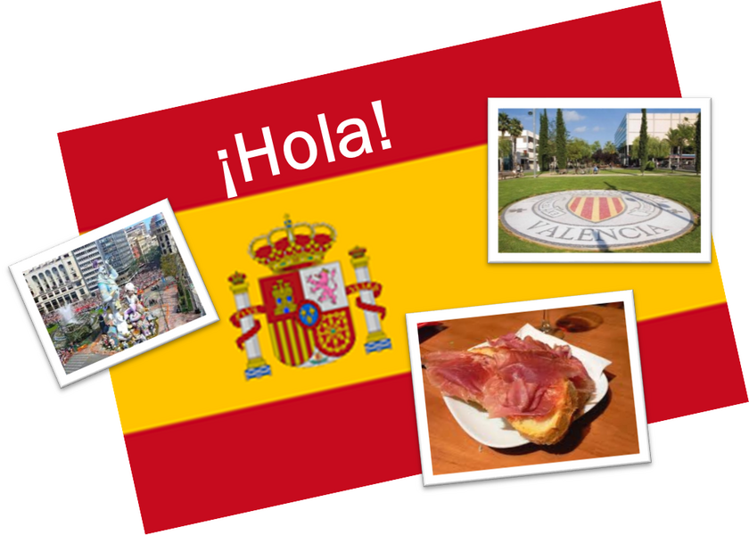 Fotocollage: Eine spanische Flagge und drei Bildern zu Spanien.