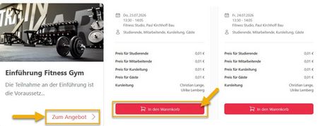 Screenshot Buchungssystem des Hochschulsport - Kurs auswählen