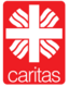 Logo: rotes Rechteck mit weißem Kreuz und Schriftzug Caritas
