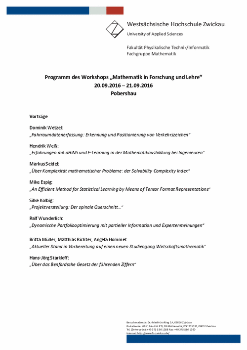 PDF: Programm des Workshops „Mathematik in Forschung und Lehre“ 2016.