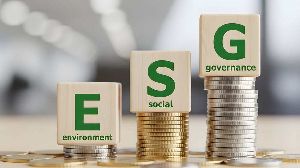 ESG wooden blocks on coin stacks, environment social governance concept, sustainable investment and corporate responsibility, financial growth with ethics, Generative AI 
