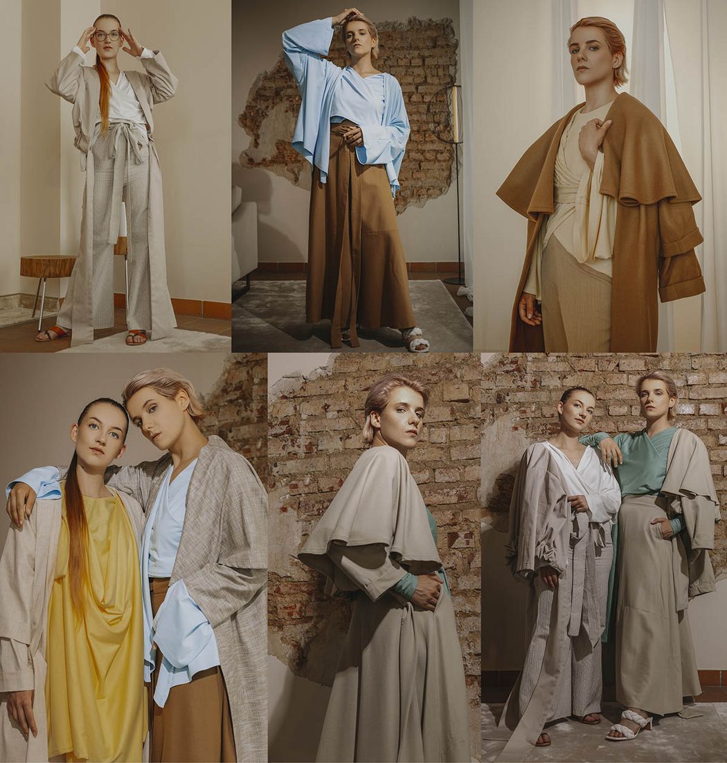 Foto: Bachelor-Abschlussarbeit "Way of Living" von Nancy Schenk, Fachrichtung Modedesign, 2022, Personen in designter Kleidung, mehrere Ansichten und Positionen der Models 