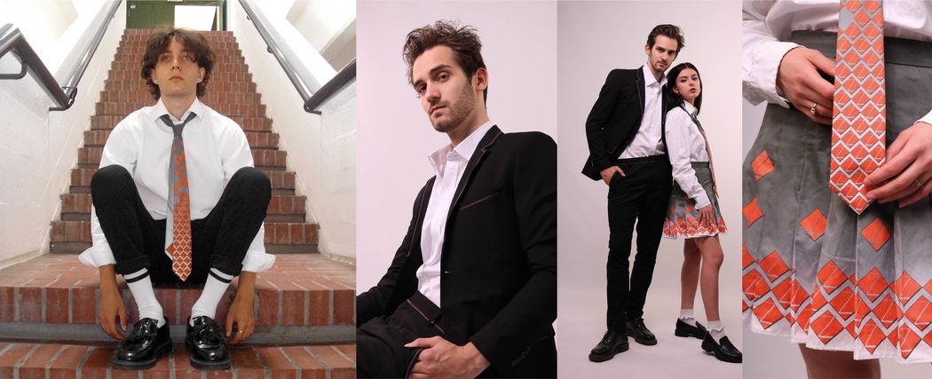 Eine Collage zeigt 4 Bilder. Auf dem ersten Foto sieht man einen jungen Mann mit schwarzen, längeren Haaren, der auf einer Treppenstufe sitzt. Er trägt eine schwarze Hose, ein weißes Hemd und eine auffällig rotorange- gemusterte Krawatte. Auf dem 2 Foto sieht man einen anderen jungen Mann. Auch dieser trägt ein weißes Hemd und einen klassischen, schwarzen Anzug. An diesem sind das Revers und Taschen in Blau, rot und grau abgesteppt. Das 3. Foto zeigt wieder den jungen Mann im Anzug stehend. Daneben steht eine junge Frau mit langen schwarzen Haaren. Sie trägt einen kurzen Faltenrock, eine weiße Bluse und eine Krawatte. Der Rock und die Krawatte sind auffällig gemustert und haben die Farbe rotorange. Das Muster zeigt ein Rautenmuster und einen Farbverlauf von Schwar, Grau nach weiß. Das 4. Bild zeigt eine Nahaufnahme vom Rock und der Krawatte.