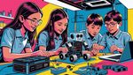 Comicdarstellung von Kindern, die an einem Tisch mit Lego-Robotern sitzen.