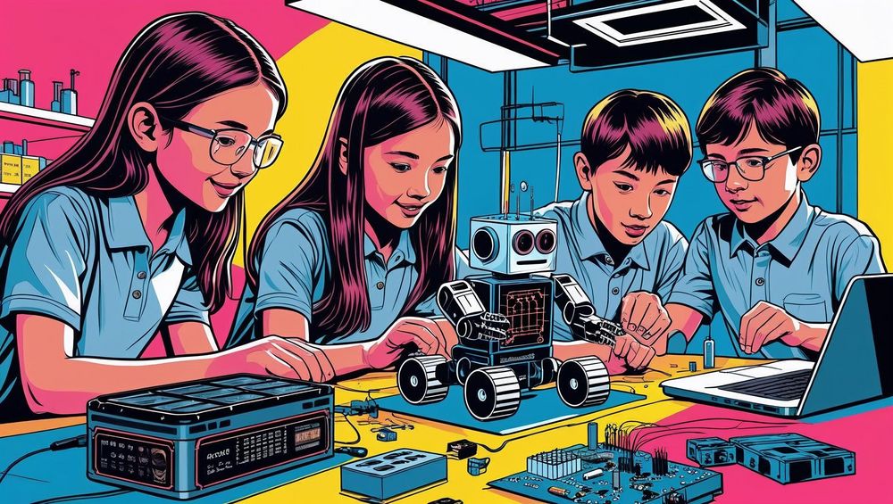 Comicdarstellung von Kindern, die an einem Tisch mit Lego-Robotern sitzen. 
