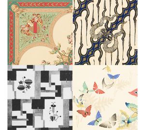 Collage aus vier quadratisch angeordneten historischen Textilmustern: oben links ein farbiges Ornament mit Bordüre, oben rechts ein blau-beiges Batik-Muster, unten links ein geometrisches Muster in Schwarz-Weiß und unten rechts bunte Schmetterlinge auf hellem Grund.