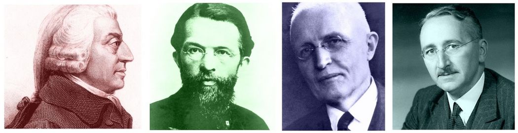 Fotoreihe mit Porträts: (v.l.n.r.): Adam Smith, Carl Menger, Walter Eucken und Friedrich A. von Hayek.