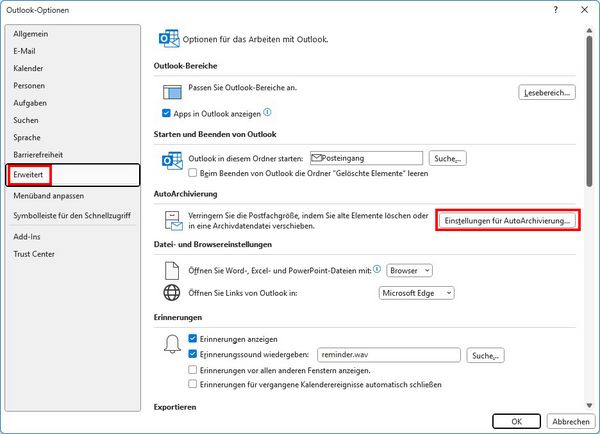 Bild zur Beschreibung zum automatischen Archivieren in Outlook.