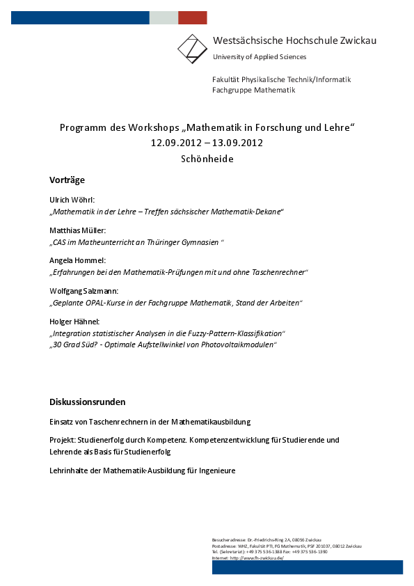 PDF: Programm des Workshops „Mathematik in Forschung und Lehre“ 2012.