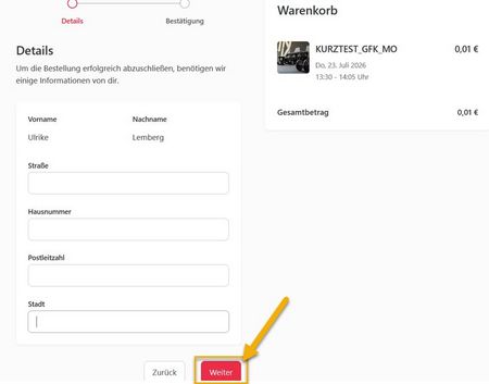Screenshot Buchungssystem des Hochschulsport - Details Kontaktdaten