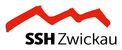 Logo: SSH Zwickau, roter Zickzackstrich über schwarzer Schrift