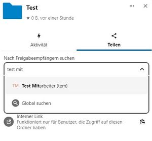 Screenshot: Interne Freigaben mit Benutzern