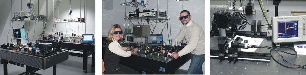 Fotoreihe: Drei Bilder. Technische Laborausstattung. Nd: YAG-, CO2-, Diodenlaser, verschiedene Spektrometer (UV, VIS, IR), Photometer und optische Messplätze, (ESPI, Interferometrie). 
