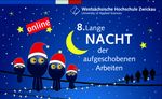 Grafik: Gezeichnete Vögel sitzen vor einem nächtlichen Himmel mit Weihnachtsmützen auf einer Stromleitung. Rechts steht 8. NAcht der aufgeschobenen Arbeiten.