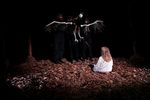 Foto: Ein Kind sitzt mit dem Rücken zur Kamera im Laub und schaut einen Vogel aus dem Figurentheaters an.