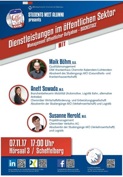 Plakat: Einladung zu Students meet Alumni. Thema: Dienstleistungen im öffentlichen Sektor.