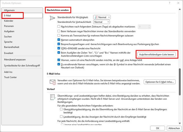 Bild zum Leeren der Autovervollständigungseinträge in Outlook