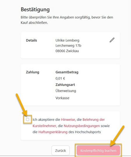 Screenshot Buchungssystem des Hochschulsport - Kostenfplichtig buchen