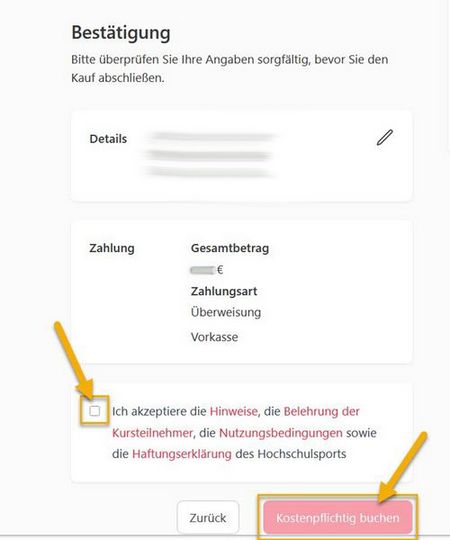 Screenshot Buchungssystem des Hochschulsport - Kostenfplichtig buchen